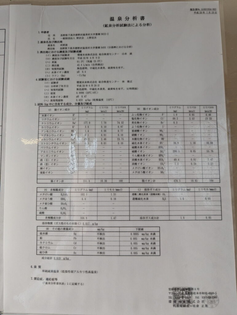 野沢温泉 河原湯 温泉分析書